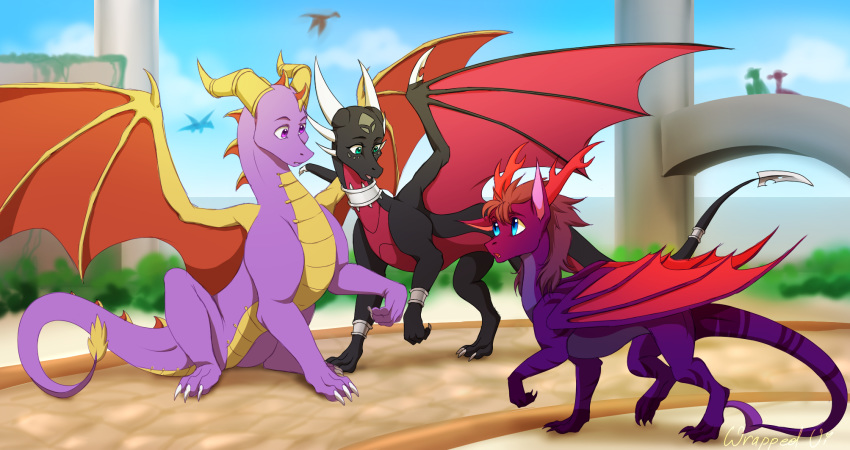 2020 3_toes activision brown_hair claws cynder day detailed_background digital_media_(artwork) dragon eyebrows eyelashes group hair hi_res horn membrane_(anatomy) membranous_wings outside scales scalie sitting sky spines spyro spyro_the_dragon standing toes video_games western_dragon wings wrappedvi