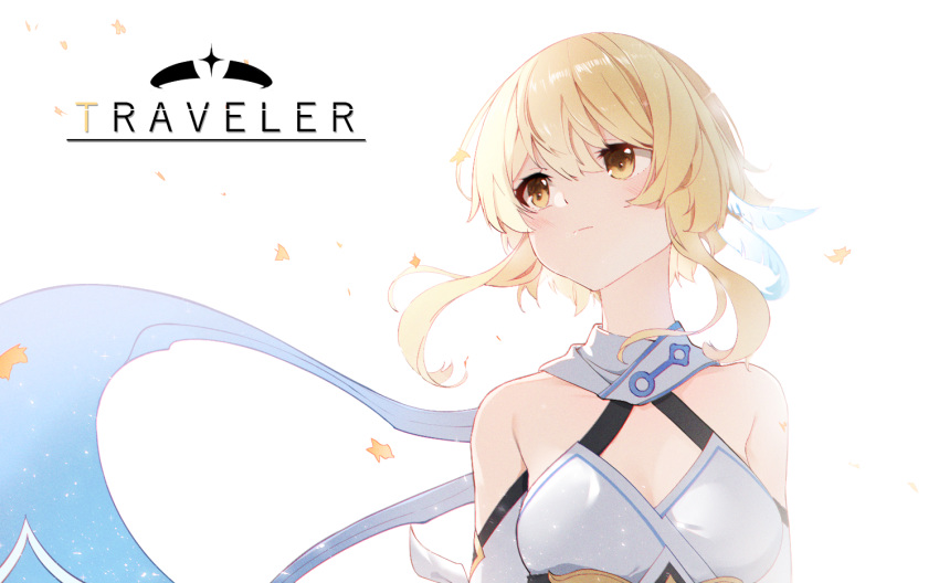 1girl bare_shoulders blonde_hair character_name dress english_text genshin_impact looking_to_the_side lumine_(genshin_impact) petals scarf sidelocks simple_background sleeveless sleeveless_dress solo uppercut white_background white_dress yellow_eyes zoneky