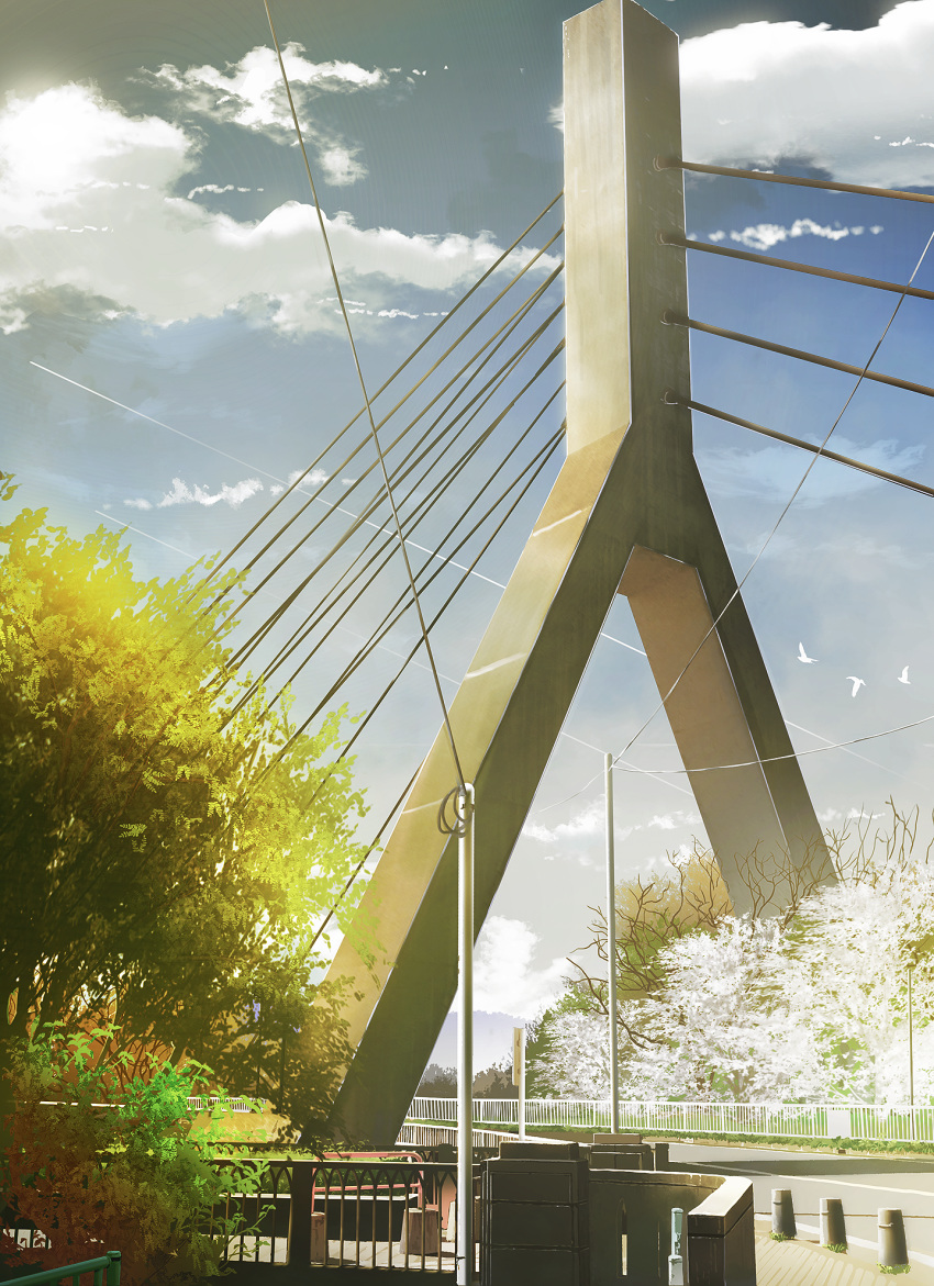 architecture bird blue_sky bridge bush cherry_blossoms cloud condensation_trail evening highres hill kamo_nasus. leaf no_humans original outdoors power_lines railing road road_sign rural scenery sidewalk sign sky spring_(season) tower tree tree_branch