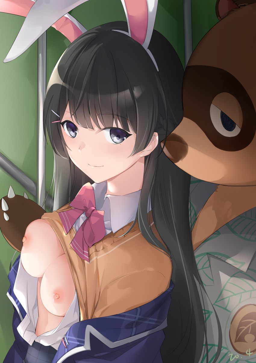 1boy 1girl animal_ears bangs blazer blunt_bangs blush bow breast_grab breasts breasts_outside bunny_ears cardigan claws collared_shirt doubutsu_no_mori ejieaa grabbing half-closed_eyes highres jacket leaning_on_person long_hair looking_at_viewer medium_breasts nijisanji nipples no_bra off_shoulder open_clothes school_uniform shirt shirt_lift smile tanuki tanukichi_(doubutsu_no_mori) tsukino_mito unbuttoned unbuttoned_shirt upper_body virtual_youtuber