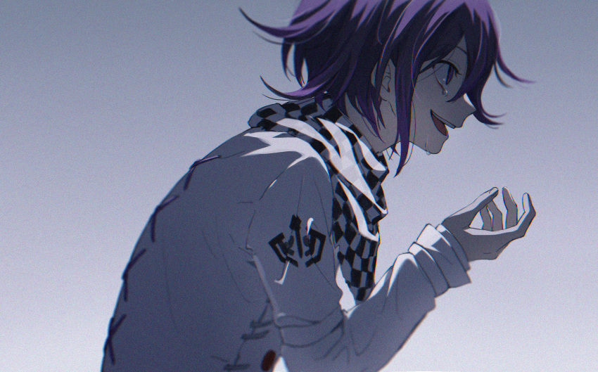 1boy bangs checkered checkered_neckwear checkered_scarf crying danganronpa from_side grey_background hair_between_eyes highres io_(sinking=carousel) long_sleeves male_focus new_danganronpa_v3 open_mouth ouma_kokichi profile purple_eyes purple_hair scarf simple_background solo straitjacket tears