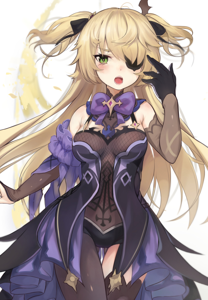1girl :d absurdres bare_shoulders black_legwear blonde_hair bodystocking bow breasts bridal_gauntlets commentary_request dress elbow_gloves eyepatch fischl_(genshin_impact) garter_straps genshin_impact gloves green_eyes hair_ornament hair_over_one_eye hair_ribbon hand_up highres long_hair looking_at_viewer open_mouth ribbon single_thighhigh small_breasts smile solo thighhighs torriet two_side_up
