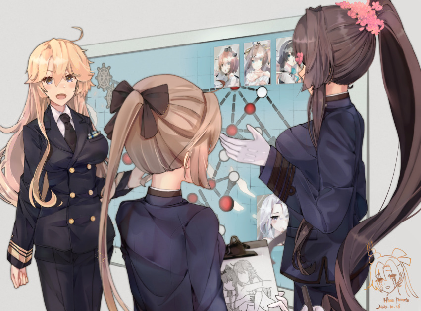 3girls ahoge akigumo_(kantai_collection) alternate_costume black_neckwear black_pants blonde_hair blue_eyes board brown_hair commentary_request cowboy_shot double-breasted flower gloves hair_flower hair_ornament himeyamato hornet_(kantai_collection) iowa_(kantai_collection) kantai_collection kazagumo_(kantai_collection) long_hair military military_uniform multiple_girls naganami_(kantai_collection) neckerchief official_style pants photo_(object) uniform white_gloves yamato_(kantai_collection) yukikaze_(kantai_collection)