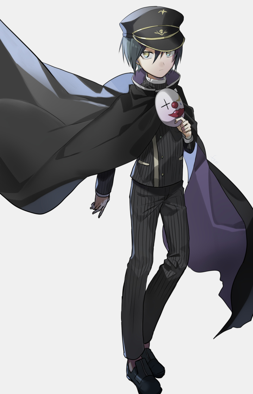 1boy absurdres bangs black_cape black_footwear black_hair black_headwear black_pants brown_eyes cape commentary_request cosplay danganronpa full_body gloves green_eyes grey_background hair_between_eyes hand_up hat highres holding holding_mask huyuharu0214 looking_at_viewer looking_to_the_side male_focus mask mask_removed new_danganronpa_v3 ouma_kokichi ouma_kokichi_(cosplay) pants peaked_cap saihara_shuuichi shoes solo striped striped_jacket striped_pants