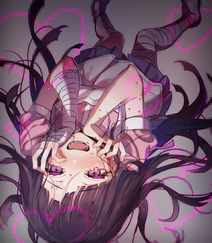 1girl apron bandaged_arm bandaged_leg bandages bangs blue_skirt blush breasts danganronpa grey_background heart highres io_(sinking=carousel) long_hair nurse open_mouth pink_shirt pleated_skirt purple_eyes purple_hair saliva shirt short_sleeves simple_background skirt solo super_danganronpa_2 sweat tears tsumiki_mikan upside-down white_apron white_footwear