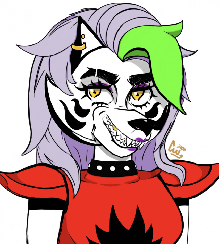 2020 animatronic anthro black_markings canid canine canis collar ear_piercing eyebrows eyelashes eyeshadow five_nights_at_freddy's five_nights_at_freddy's:_security_breach green_hair hair hi_res highlights_(coloring) lipstick machine makeup mammal markings piercing purple_hair robot roxanne_wolf_(fnaf) signature smile spiked_collar spikes teeth video_games wolf xxhelpxx yellow_eyes