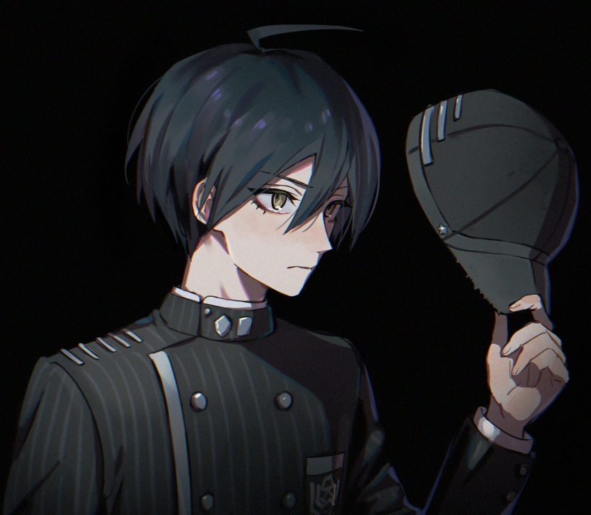 1boy ahoge bangs baseball_cap black_background black_hair black_jacket closed_mouth danganronpa gakuran hair_between_eyes hat highres holding holding_clothes holding_hat io_(sinking=carousel) jacket long_sleeves male_focus new_danganronpa_v3 saihara_shuuichi school_uniform simple_background solo upper_body yellow_eyes