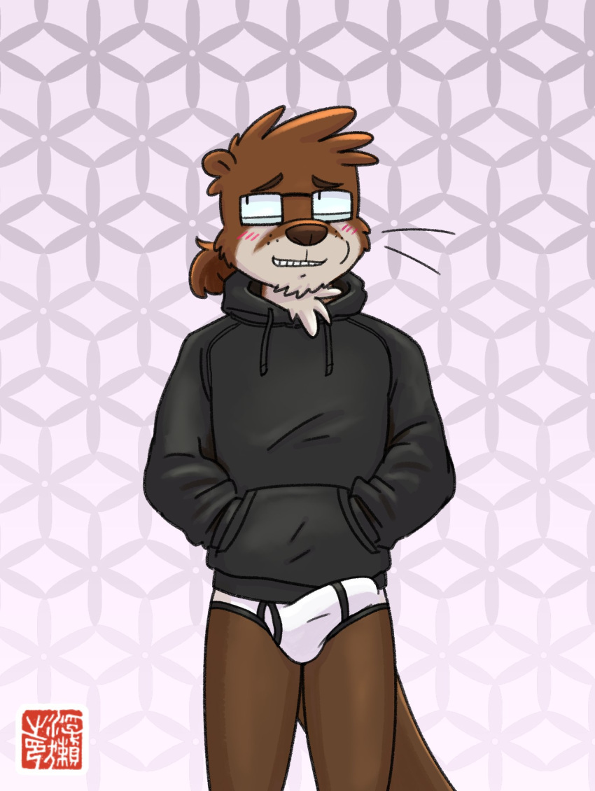 anthro black_clothing black_hoodie black_topwear briefs bulge clothed clothing drawyourfursona embarrassed erection erection_under_clothing hi_res hoodie hoodie/briefs_meme lutrine male mammal meme meme_clothing mustelid simple_background solo standing sweaciabic topwear underwear white_clothing white_underwear