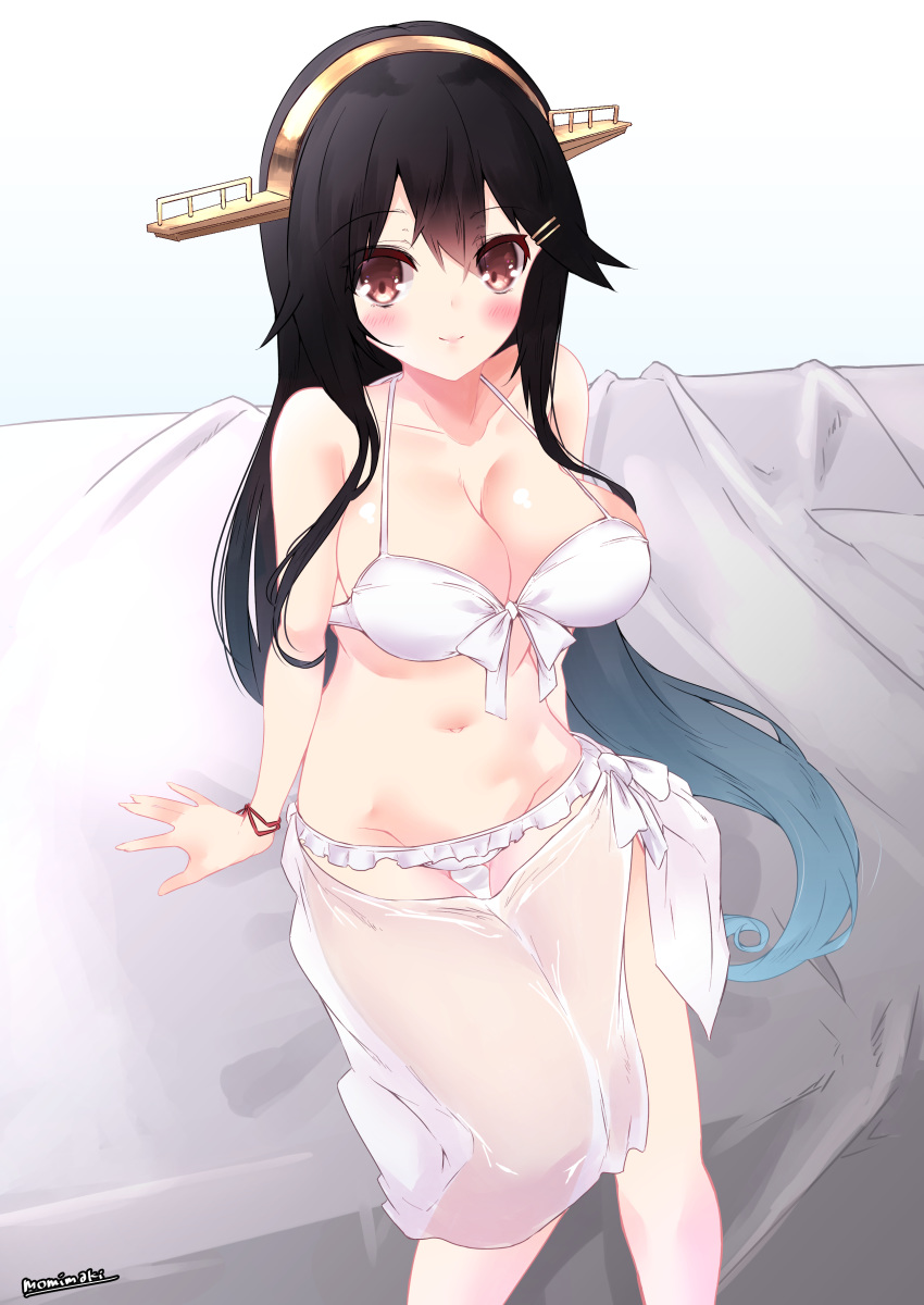 1girl absurdres bare_shoulders bikini black_hair blush bracelet brown_eyes eyebrows_visible_through_hair haruna_(kantai_collection) headgear highres jewelry kantai_collection long_hair looking_at_viewer midriff momiji_(103) navel official_alternate_costume sarong signature sitting smile solo swimsuit white_bikini white_sarong