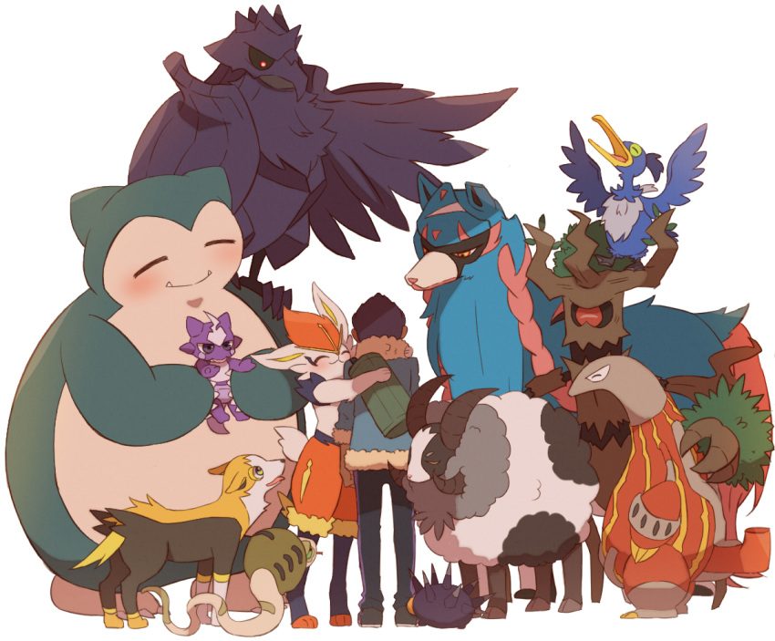 1boy aqua_jacket arms_at_sides black_pants boltund cinderace commentary_request corviknight cramorant dark_skin dark_skinned_male dubwool fur-trimmed_jacket fur_trim gen_1_pokemon gen_5_pokemon gen_6_pokemon gen_8_pokemon heatmor hop_(pokemon) hug jacket legendary_pokemon pants pincurchin pokemon pokemon_(creature) pokemon_(game) pokemon_swsh shoes silicobra snorlax standing trevenant white_background yoshino_(gunform) zacian