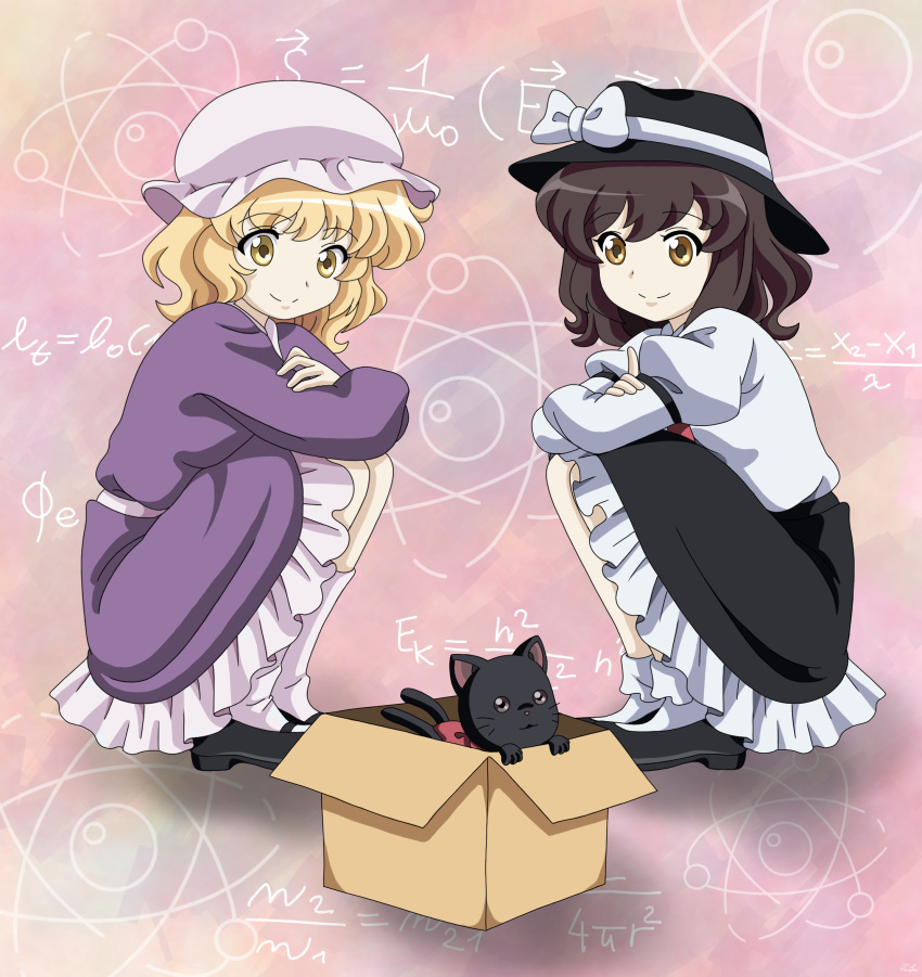 2girls bakeneko black_cat black_footwear black_headwear black_skirt blonde_hair bobby_socks bow brown_hair cat closed_mouth dress fedora frilled_dress frilled_skirt frills full_body hat hat_bow hat_ribbon highres kaenbyou_rin kaenbyou_rin_(cat) maribel_hearn mary_janes math mob_cap multiple_girls purple_dress red_neckwear remyfive ribbon shirt shoes short_hair simple_background skirt smile socks squatting touhou usami_renko wavy_hair white_headwear white_legwear white_shirt yellow_eyes