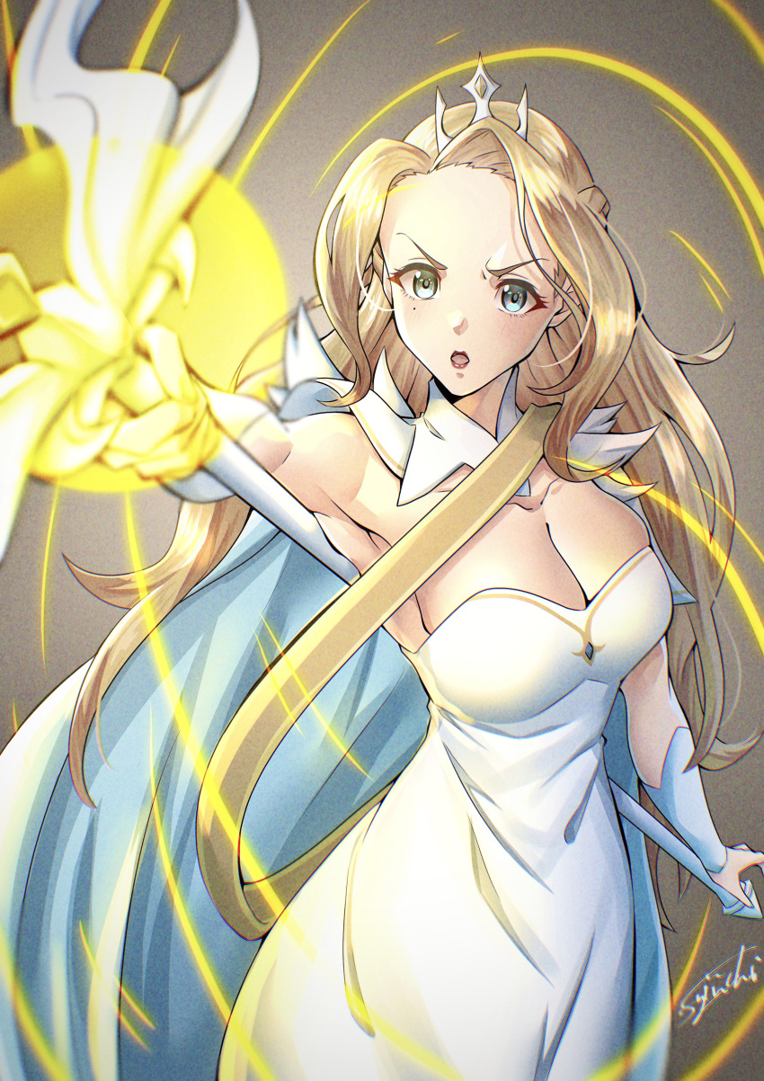 1girl absurdres afk_arena aqua_eyes belinda_(afk_arena) blonde_hair breasts cape cloak dress fujiichi highres large_breasts long_hair open_mouth signature solo staff strapless strapless_dress tiara upper_body white_cloak white_dress