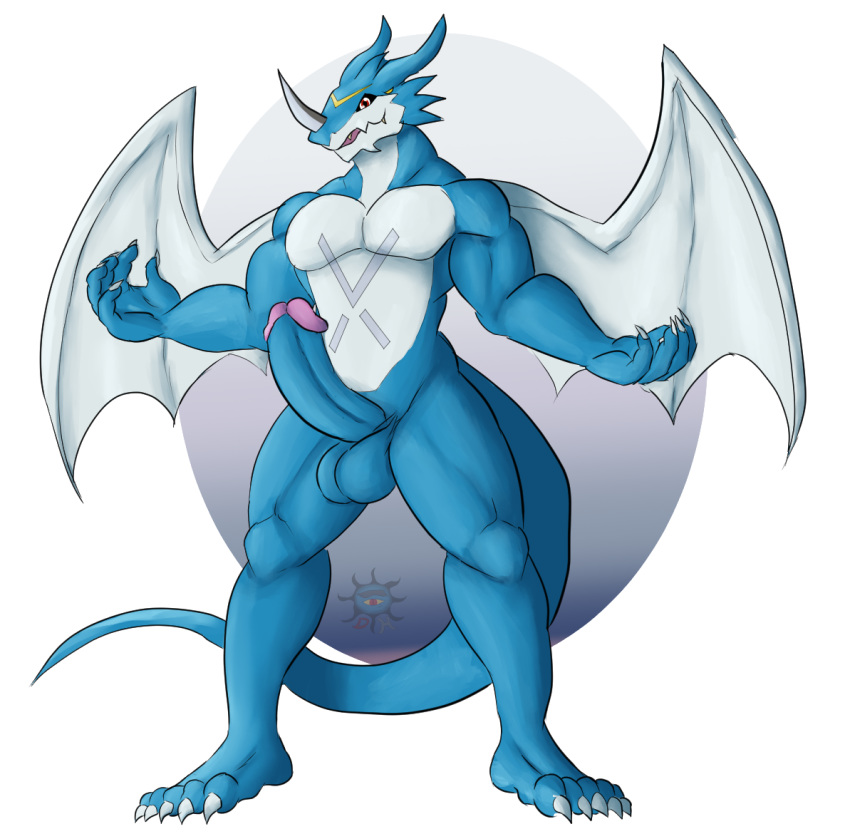 5_toes balls daikuhiroshiama digimon digimon_(species) dragon erection exveemon genitals male muscular muscular_male penis scalie solo tails_(disambiguation) toes wings