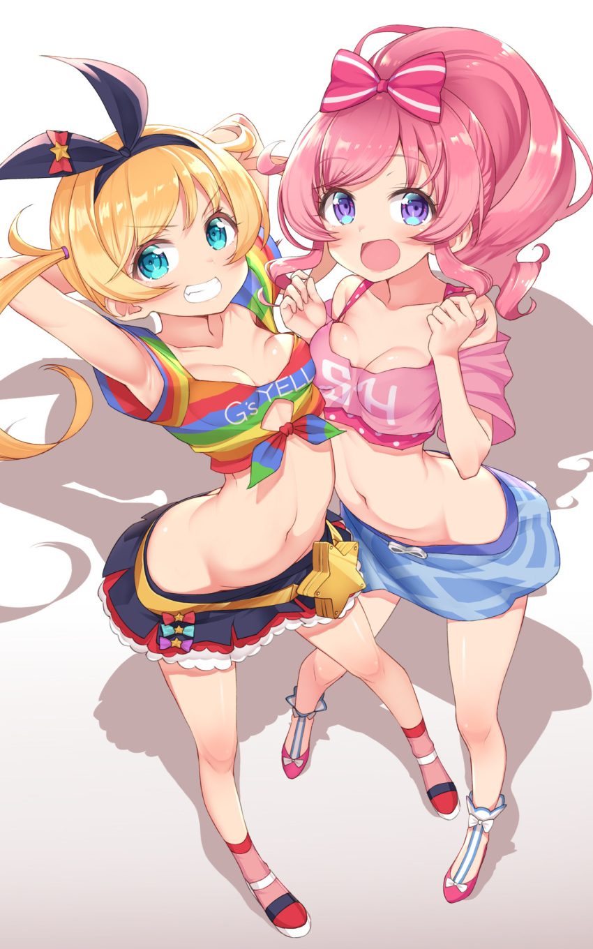 2girls aqua_eyes arched_back armpits arms_behind_head ass asymmetrical_docking baakurou bare_legs bare_shoulders blonde_hair bow bra bra_strap breast_press breasts breasts_apart collarbone crop_top crotch eyebrows_visible_through_hair foreshortening from_above full_body grin hairband highres kiratto_pri_chan lace-trimmed_skirt lace_trim layered_skirt long_hair looking_at_viewer lowleg lowleg_skirt midriff moegi_emo momoyama_mirai multiple_girls navel open_mouth pink_bow pink_bra pink_hair pink_shirt polka_dot ponytail pretty_(series) purple_eyes shadow shirt simple_background skirt small_breasts smile star-shaped_box star_(symbol) tied_shirt twintails underwear