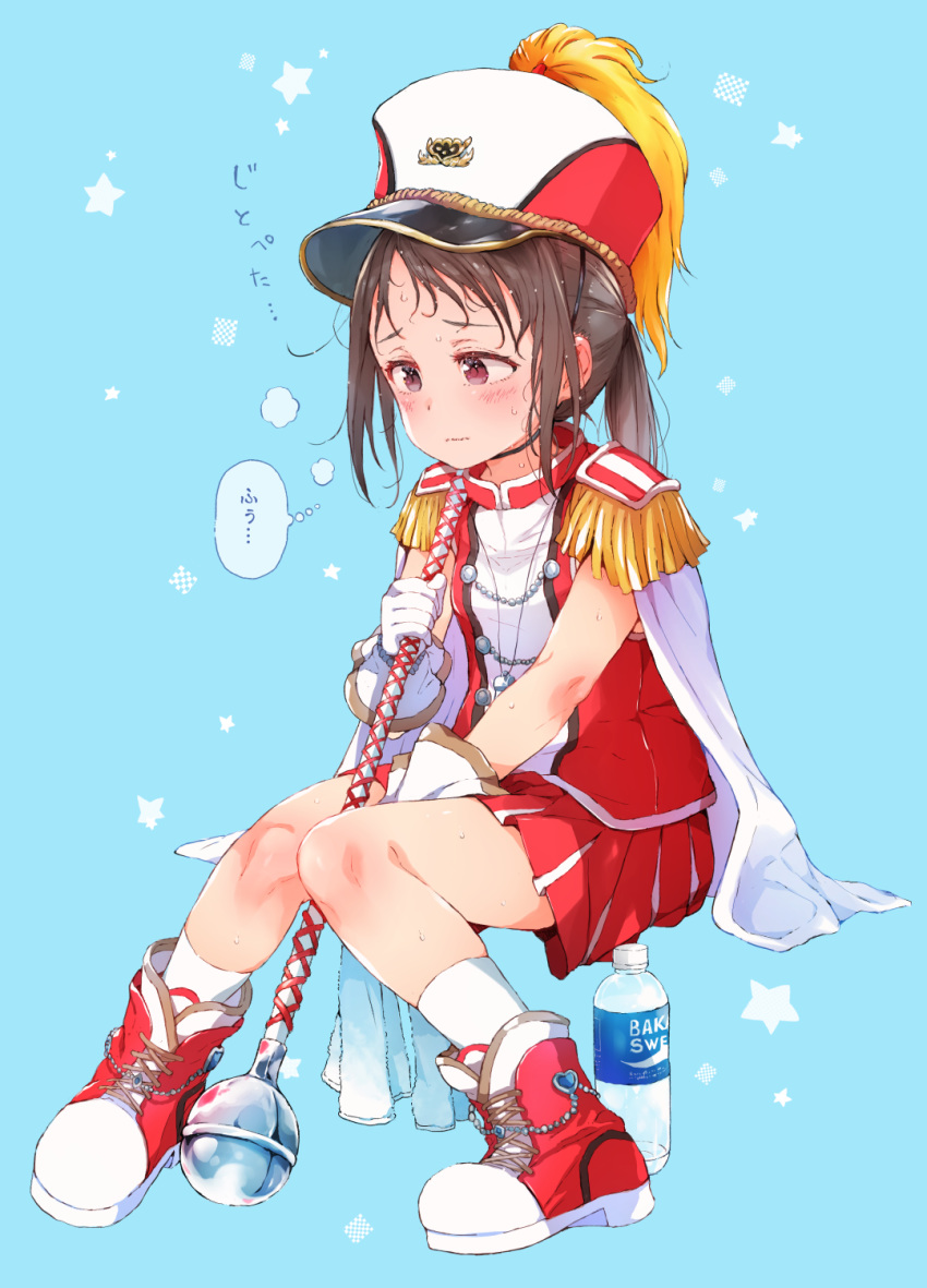 1girl bangs blue_background blush boots bottle brand_name_imitation brown_eyes brown_hair capelet closed_mouth commentary_request epaulettes full_body gloves gomennasai hat highres holding knees_together_feet_apart looking_away original pleated_skirt pocari_sweat red_footwear red_headwear red_shirt red_skirt shako_cap shirt sitting skirt sleeveless sleeveless_shirt socks solo sweat translated water_bottle wavy_mouth white_capelet white_gloves white_legwear