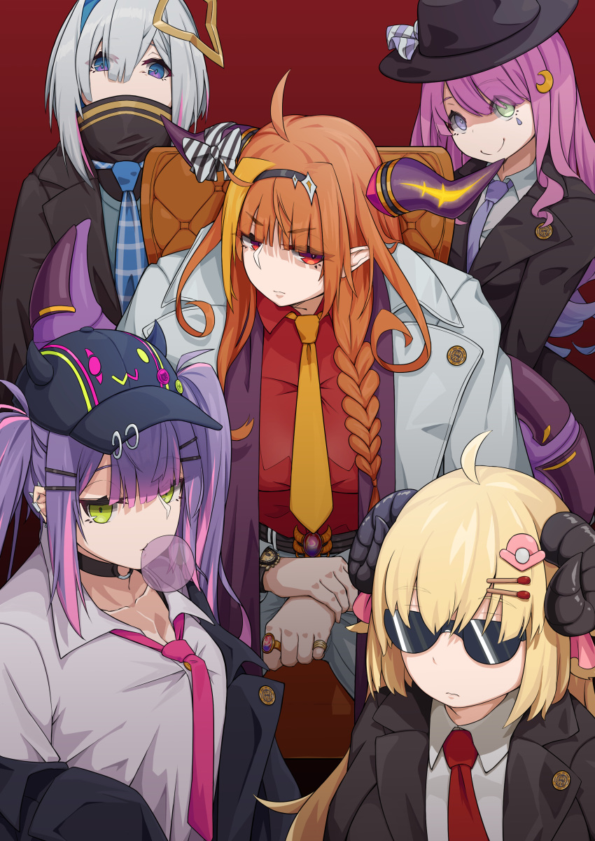 5girls absurdres ahoge amane_kanata bubble_blowing chewing_gum cosplay dragon_girl dragon_horns dress_shirt eyebrows_visible_through_hair eyes_visible_through_hair fedora formal hat highres himemori_luna hololive horns jewelry kiryuu_coco kiryuu_kazuma kiryuu_kazuma_(cosplay) looking_at_viewer multiple_girls necktie red_background ring rlin ryuu_ga_gotoku sheep_girl sheep_horns shirt suit sunglasses tokoyami_towa tsunomaki_watame virtual_youtuber yakuza