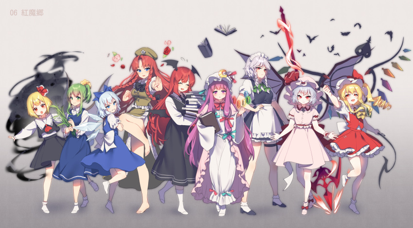 6+girls :d :o ^_^ banned_artist barefoot bat bat_wings blonde_hair blue_bow blue_dress blue_eyes blue_hair bobby_socks book bow braid china_dress chinese_clothes cirno closed_eyes commentary_request crystal daiyousei darkness dress fairy_wings flandre_scarlet frilled_skirt frills full_body gradient gradient_background green_eyes green_hair hair_bow hajin hat head_wings highres hong_meiling izayoi_sakuya koakuma laevatein long_hair long_sleeves looking_at_viewer maid maid_headdress multiple_girls open_mouth patchouli_knowledge polearm puffy_short_sleeves puffy_sleeves purple_eyes purple_hair red_eyes red_hair remilia_scarlet rumia short_hair short_sleeves side_ponytail silver_hair simple_background skirt smile socks spear spear_the_gungnir standing standing_on_one_leg the_embodiment_of_scarlet_devil touhou twin_braids very_long_hair weapon white_legwear wide_sleeves wings