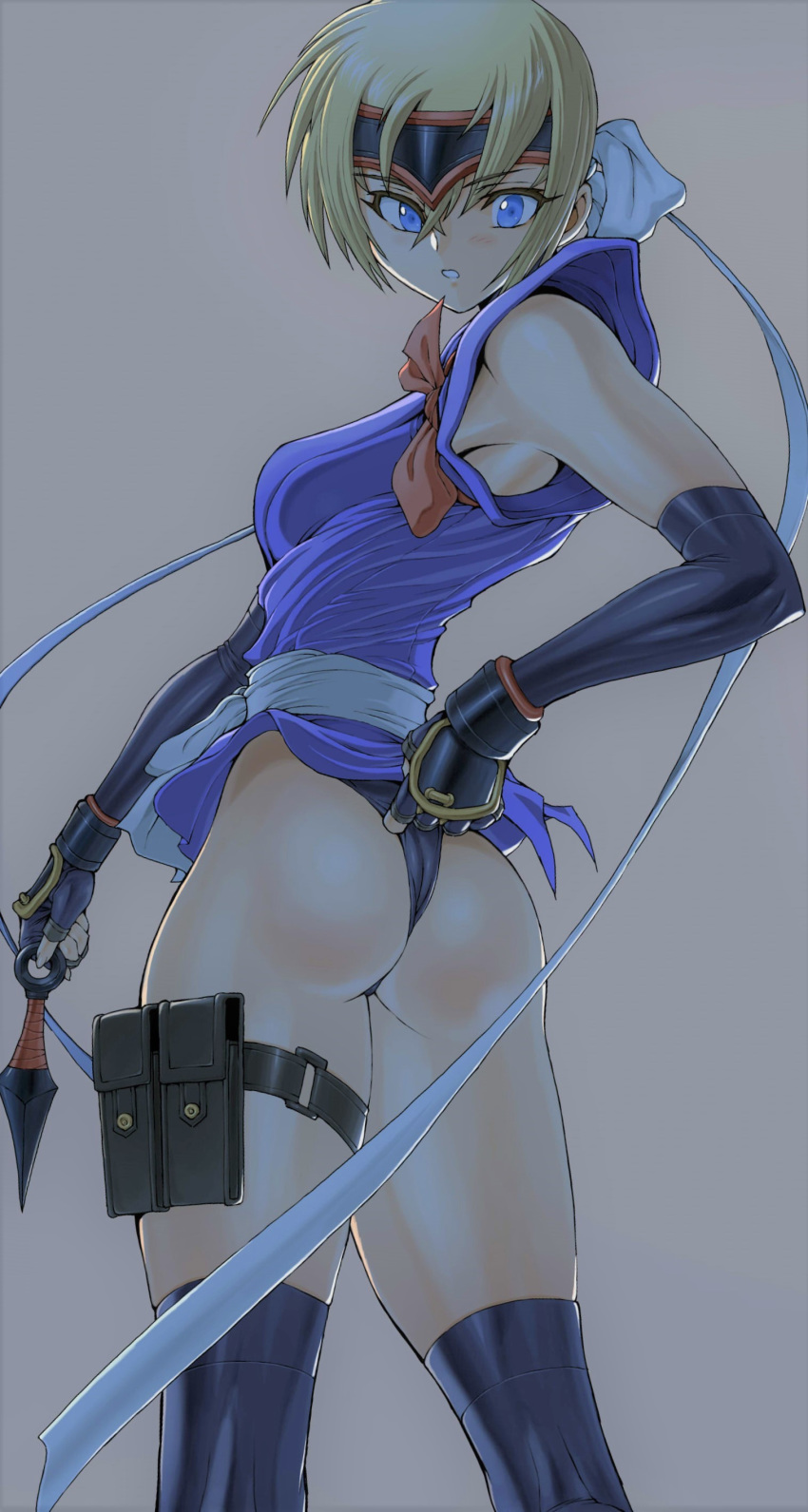 1girl absurdres adjusting_clothes adjusting_panties ass bangs bare_shoulders black_legwear black_panties blonde_hair blue_eyes blush breasts commentary_request elbow_gloves eyebrows_visible_through_hair fingerless_gloves gloves grey_background highres holding holster japanese_clothes kunai logan0241 looking_at_viewer looking_back martial_champion medium_breasts ninja panties parted_lips racheal simple_background sleeveless solo thigh_holster thighhighs thighs thong underwear weapon