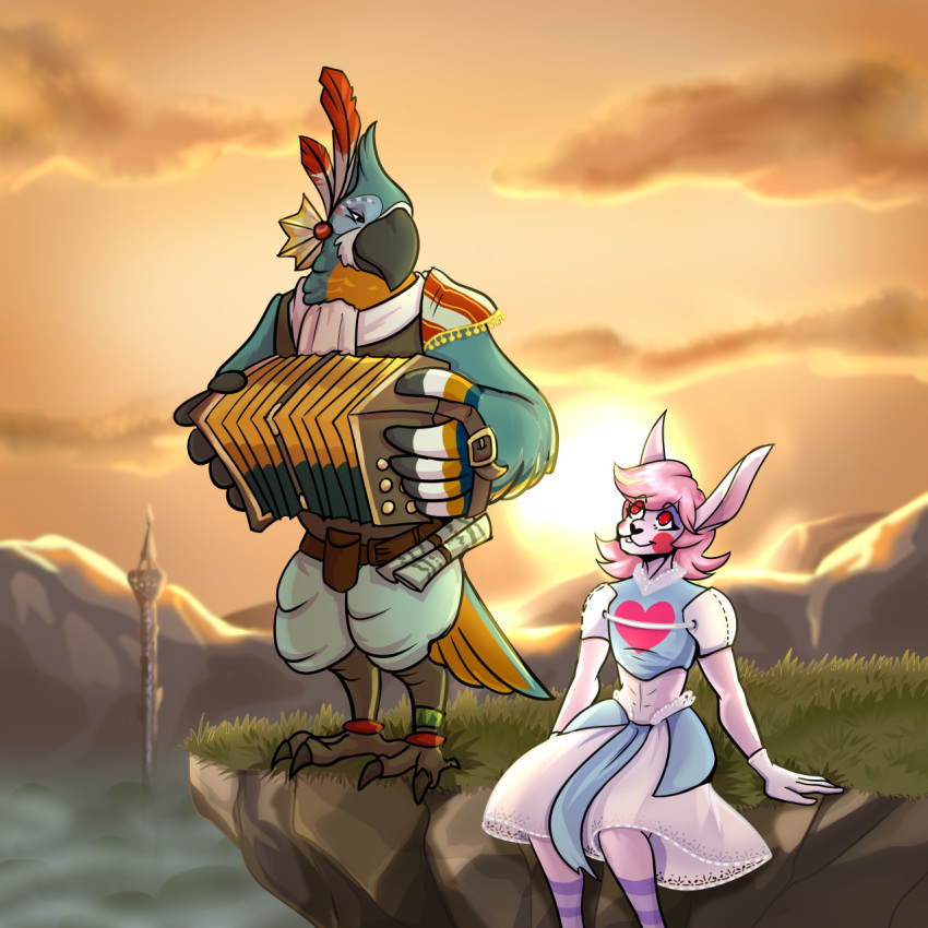 &lt;3 1:1 accordion anthro avian blue_body blue_feathers breath_of_the_wild cliff concertina duo eyeshadow feathers fur hair hi_res kass_(tloz) lagomorph lavendersparrow_(artist) leporid looking_at_another makeup male male/male mammal may_(uassault) musical_instrument nintendo pink_body pink_fur pink_hair rabbit red_eyes rito romantic_ambiance sheikah_tower sunset tagme the_legend_of_zelda video_games