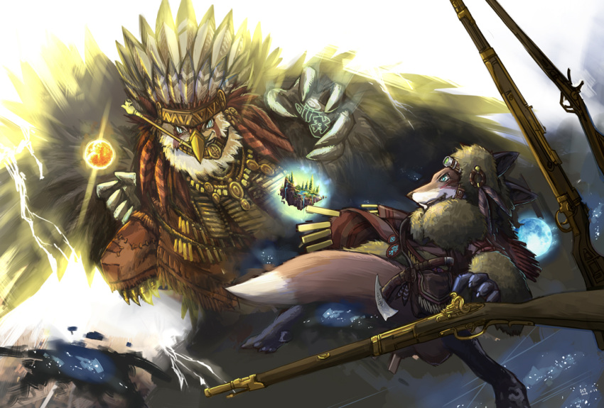 accipitrid accipitriform anthro avian bald_eagle beak bird blue_eyes brown_body brown_fur canid canine claws clothed clothing detailed_background duo eagle fluffy fluffy_tail fox fur gun link2004 magic male mammal open_mouth open_smile pipe ranged_weapon red_fox rifle sea_eagle sky smile star starry_sky teeth therianthrope weapon white_body white_fur