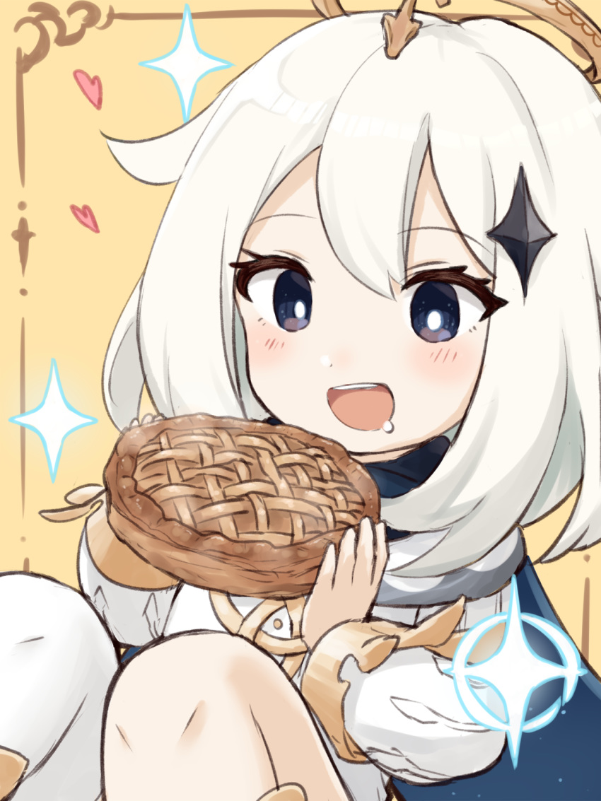 1girl :d bangs blue_cape brown_background cape commentary_request dress drooling engiyoshi eyebrows_visible_through_hair food genshin_impact hair_between_eyes halo heart highres holding holding_food knees_up long_sleeves open_mouth paimon_(genshin_impact) pie purple_eyes saliva single_thighhigh sitting smile solo sparkle thighhighs white_dress white_hair white_legwear