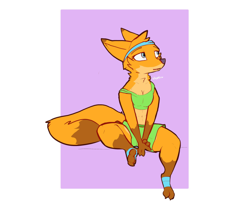 2020 absurd_res accessory anthro canid canine clothed clothing dipstick_ears dipstick_tail female fox fully_clothed fur gloves_(marking) headband hi_res leg_markings mammal markings midriff multicolored_ears multicolored_tail orange_body orange_fur purple_background red_fox signature simple_background sitting socks_(marking) solo white_background zhan