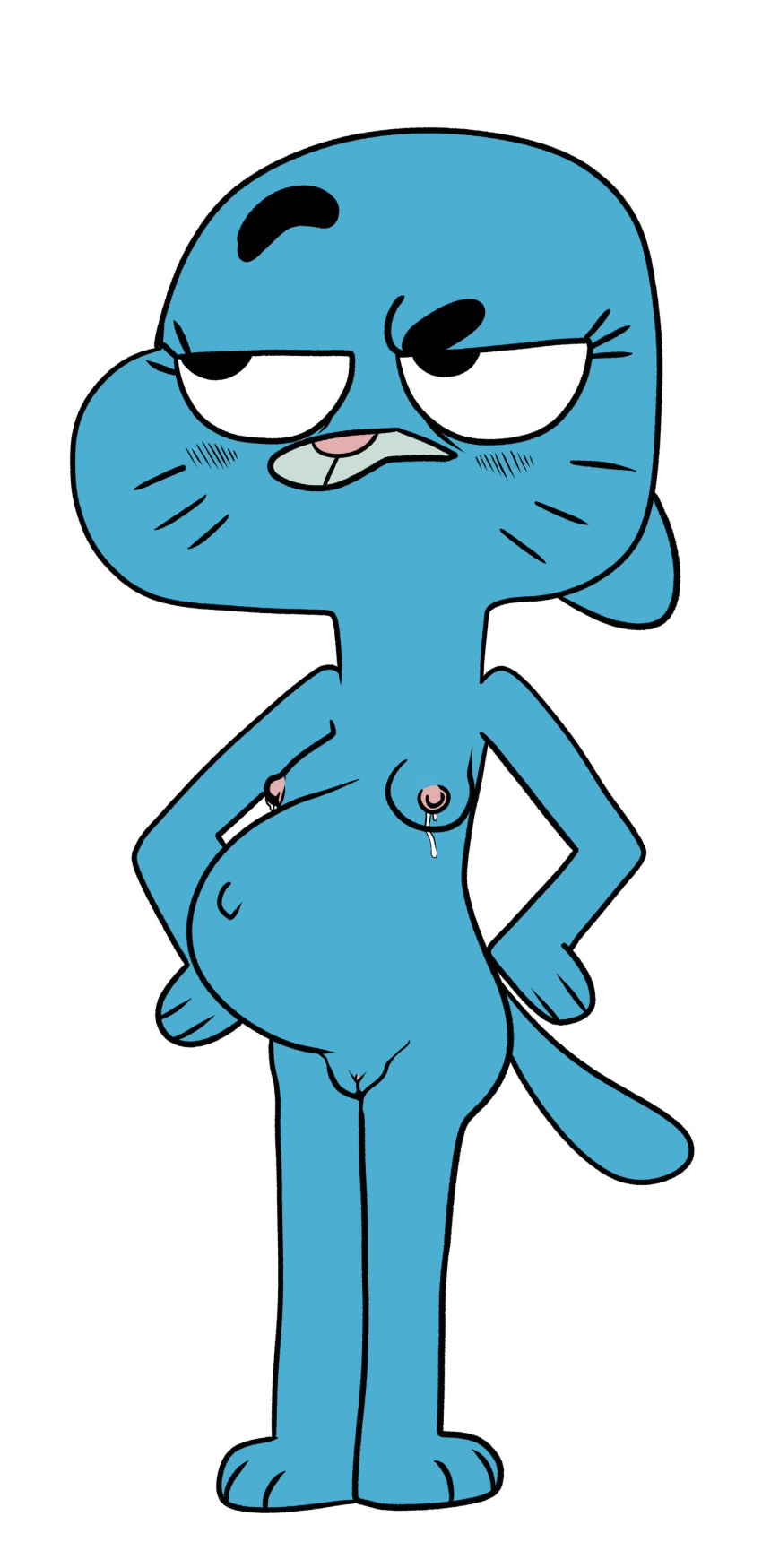 abstract_background absurd_res anthro bodily_fluids breasts cartoon_network domestic_cat eyebrows felid feline felis female frown hi_res lactating mammal nicole_watterson nude pregnant raised_eyebrow sabrotiger solo standing the_amazing_world_of_gumball