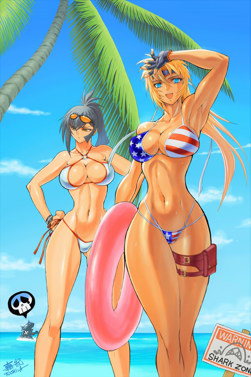 2girls absurdres american_flag_bikini armpits bangs bare_shoulders bikini black_hair blonde_hair blue_eyes blue_sky breasts cleavage closed_mouth cloud cloudy_sky collarbone commentary_request day eyebrows_visible_through_hair eyewear_on_head fingerless_gloves flag_print gloves hand_on_hip highres holding holster innertube kunai large_breasts logan0241 long_hair martial_champion multiple_girls navel o-ring o-ring_bikini ocean outdoors palm_leaf palm_tree ponytail racheal shark_fin side-tie_bikini sky star_(symbol) star_print stomach striped sunglasses swimsuit thigh_holster thighs tied_hair tree water weapon wristband