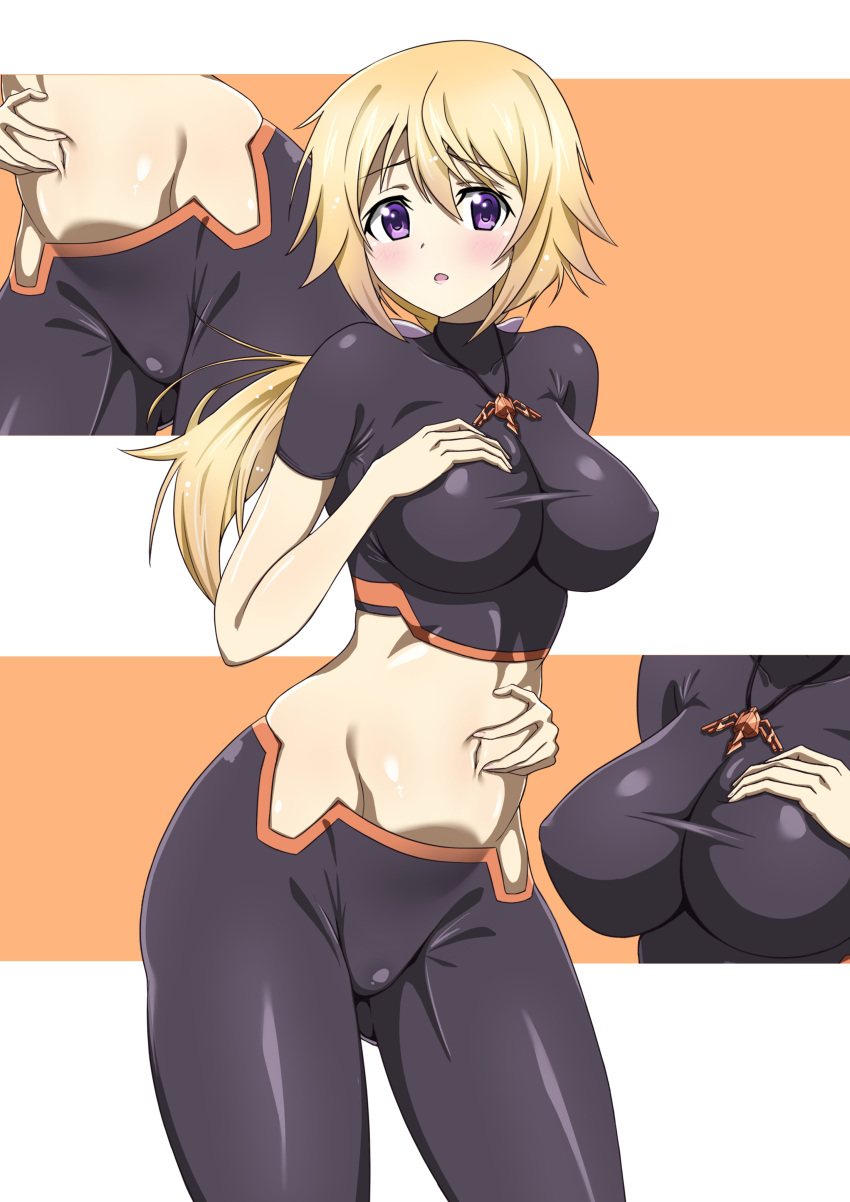 1girl absurdres bike_shorts blonde_hair blush breasts charlotte_dunois covered_nipples hand_on_breast highres infinite_stratos jewelry long_hair medium_breasts midriff multiple_views navel necklace purple_eyes shiny shiny_hair shiny_skin soracone standing taut_clothes