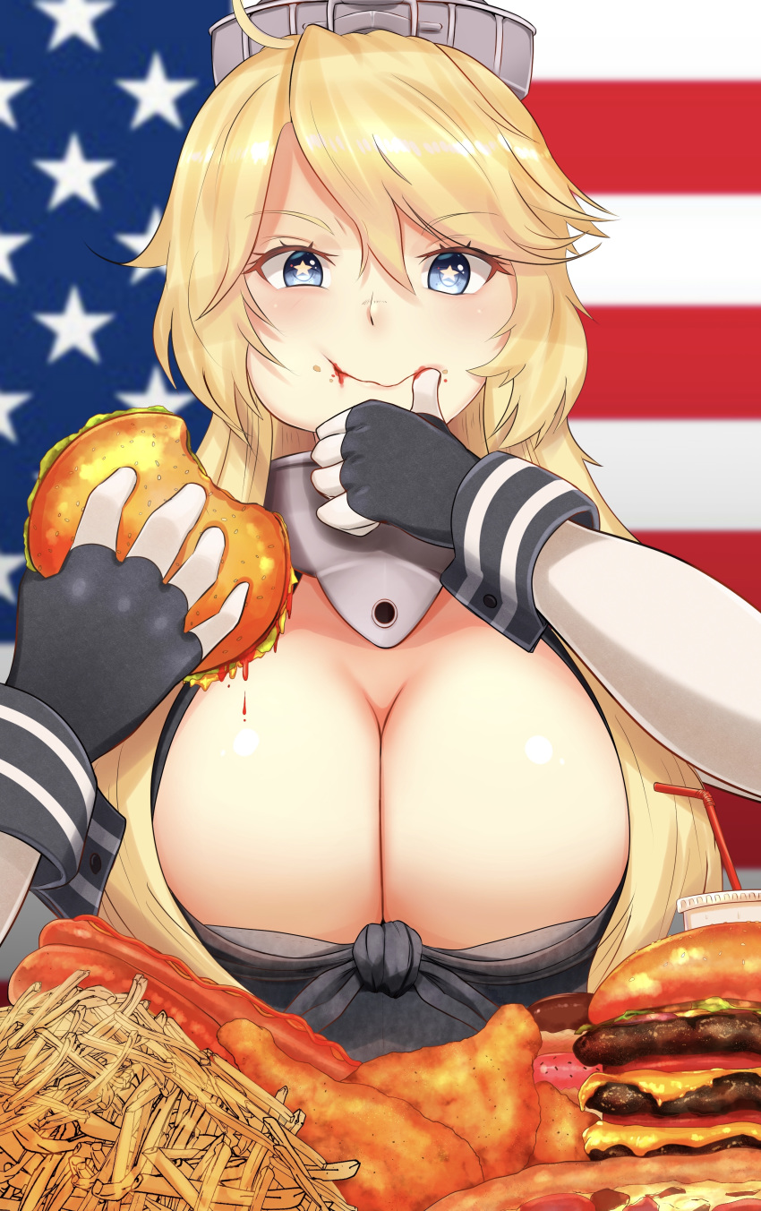 1girl absurdres american_flag_background blonde_hair blue_eyes breasts cleavage eating fingerless_gloves food french_fries front-tie_top gloves guchagucha hamburger headgear highres holding holding_food hot_dog iowa_(kantai_collection) kantai_collection large_breasts pizza solo star-shaped_pupils star_(symbol) symbol-shaped_pupils upper_body wrist_cuffs