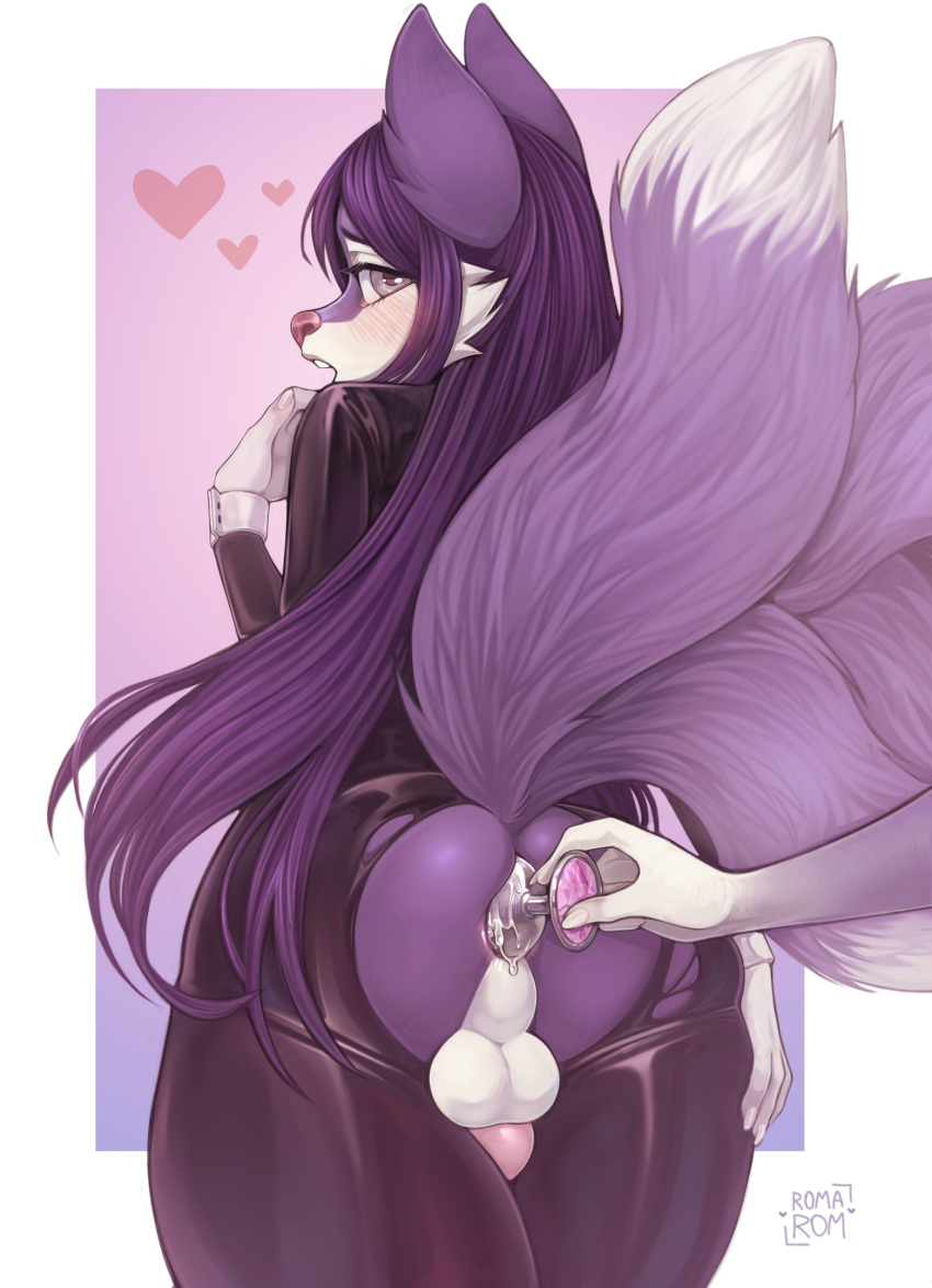 &lt;3 anthro balls bodily_fluids buttplug canid canine cum cum_in_ass cum_inside disembodied_hand duo fox fur gem genital_fluids genitals girly grey_eyes hi_res male mammal multi_tail penis perineum princess_plug purple_body purple_fur rorarom rubber sex_toy teeth white_body white_fur