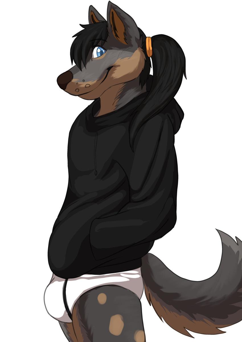 anthro black_clothing black_hoodie black_topwear briefs bulge clothing drawyourfursona hi_res hoodie hoodie/briefs_meme hyaenid jlostte male mammal meme meme_clothing simple_background solo standing topwear underwear white_clothing white_underwear