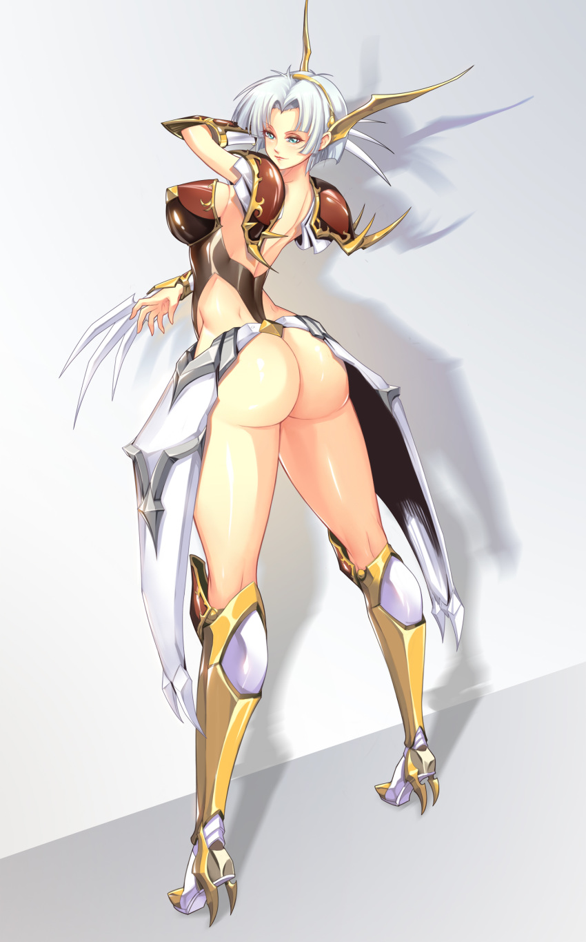 1girl absurdres armor armored_boots ass bangs blue_eyes blush boots breasts closed_mouth commentary_request dark_night_(darkotl) from_behind full_body gradient gradient_background hair_ornament highres knee_boots langrisser langrisser_ii large_breasts leotard lips parted_bangs shadow sherry_(langrisser) shiny shiny_clothes shiny_skin short_hair shoulder_armor silver_hair simple_background solo standing thighs thong thong_leotard weapon wrist_blades