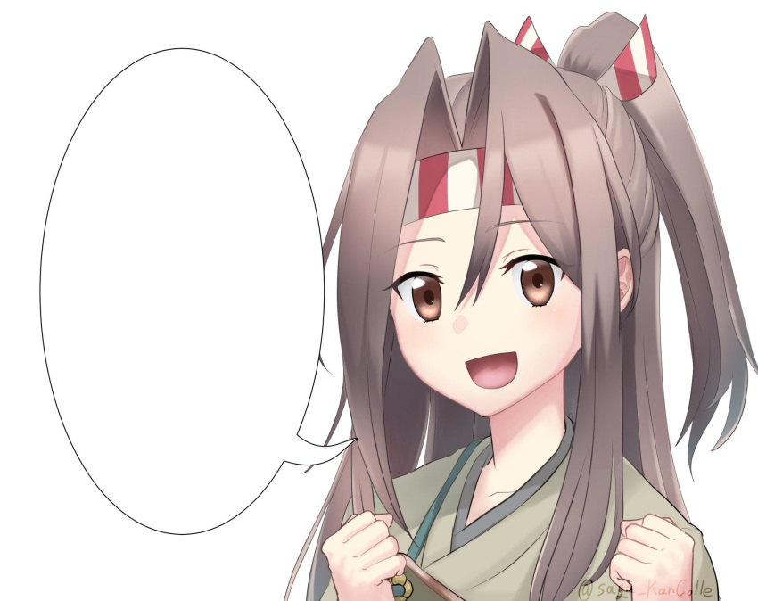 1girl brown_eyes clenched_hand commentary_request grey_hair hachimaki headband high_ponytail highres japanese_clothes kantai_collection long_hair muneate saga_(saga_kancolle) simple_background smile solo speech_bubble template upper_body white_background zuihou_(kantai_collection)