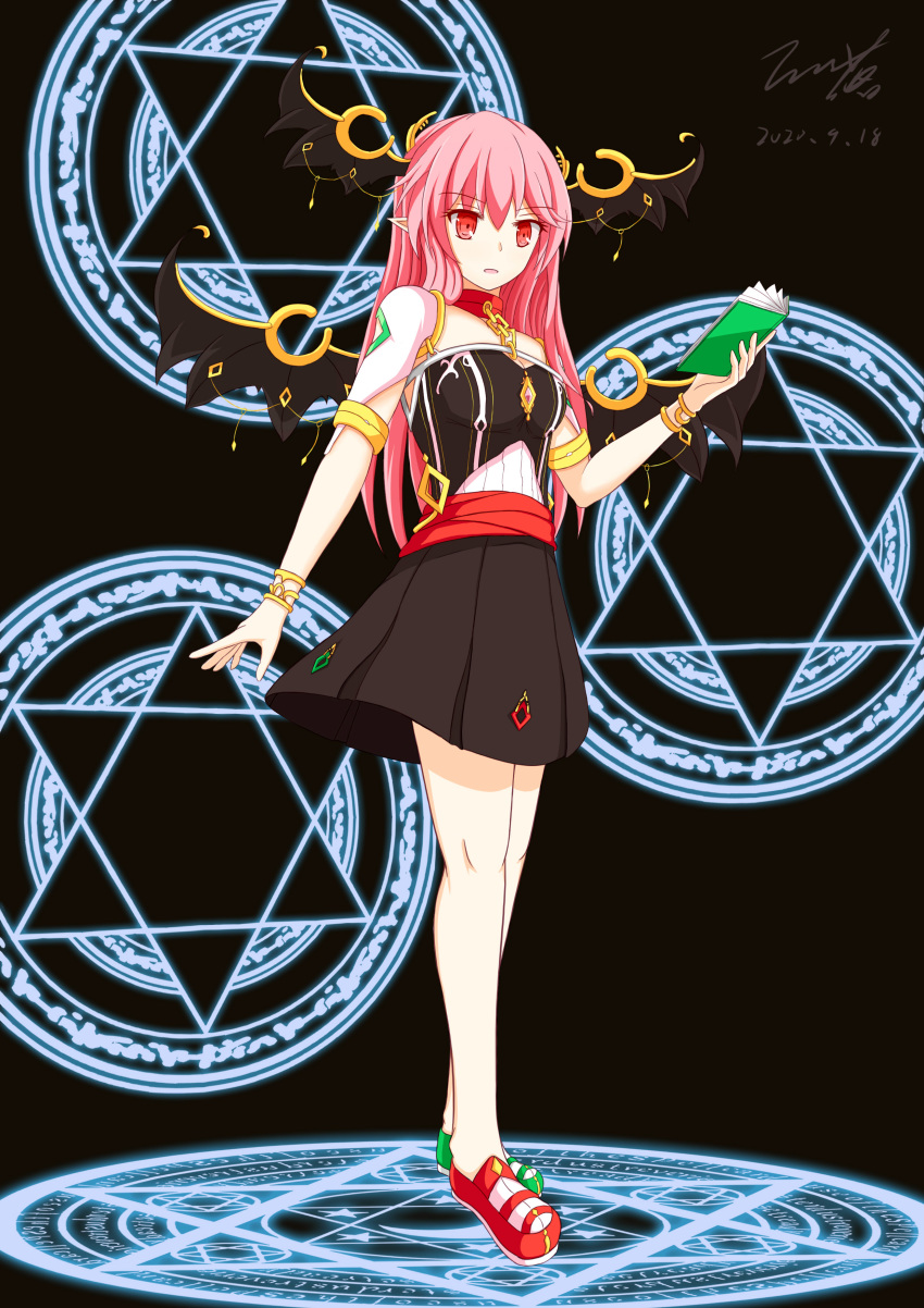 :o absurdres alternate_costume alternate_wings armlet bare_shoulders black_background black_skirt black_tubetop black_wings book bracelet breasts chain cleavage commentary_request dated detached_collar eyebrows_visible_through_hair full_body hair_between_eyes head_wings hexagram highres holding holding_book ideolo_(style) jewelry koakuma long_hair looking_down magic_circle medium_breasts mismatched_footwear open_book parody piaoluo_de_ying_huaban pointy_ears red_eyes red_hair simple_background skirt sleeveless standing strapless style_parody touhou tubetop wings