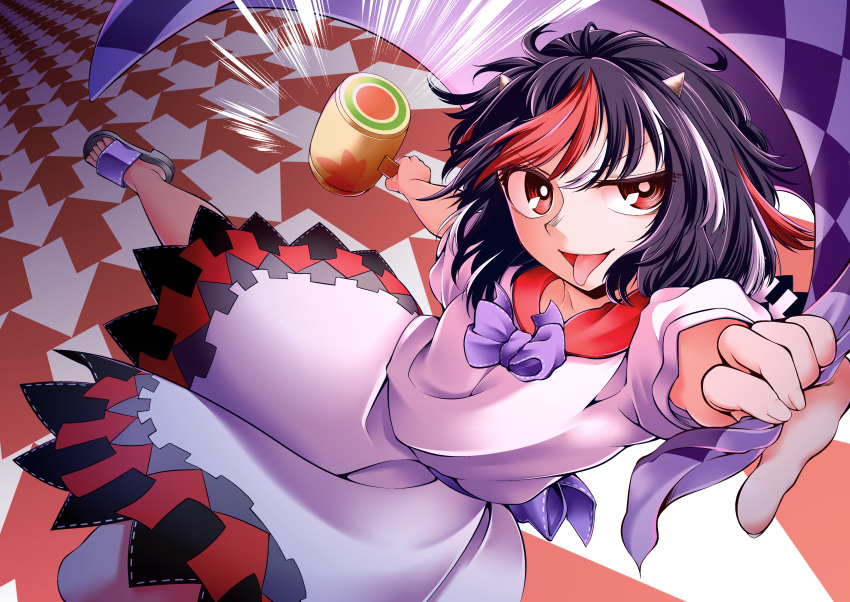 0-den 1girl :p absurdres arms_up arrow_(symbol) black_hair bow bowtie bright_pupils commentary_request dress emphasis_lines highres horns kijin_seija looking_at_viewer miracle_mallet multicolored_hair nimble_fabric outstretched_arm puffy_short_sleeves puffy_sleeves purple_neckwear red_eyes sandals short_hair short_sleeves solo streaked_hair tongue tongue_out touhou uneven_eyes white_dress white_pupils