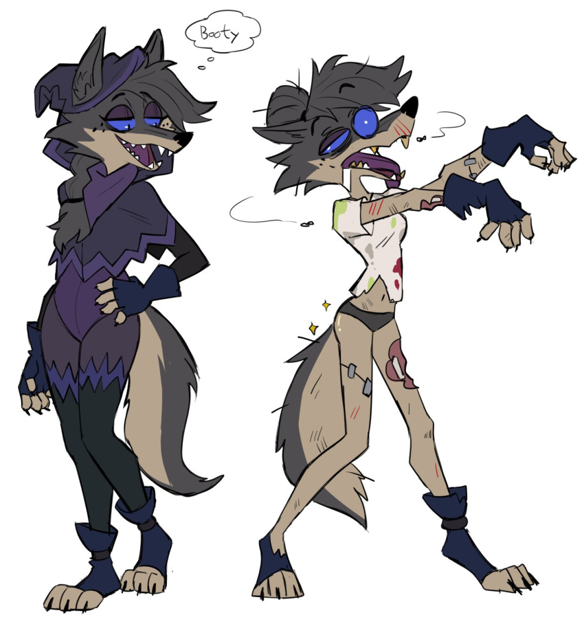 2020 anthro blue_sclera canid canine canis clothing female fingerless_gloves flowerimh footwear gloves hand_on_hip handwear hi_res hoodie leotard mammal oriana_thaffer scarf simple_background socks solo square_crossover stirrup_socks topwear undead white_background wolf zombie