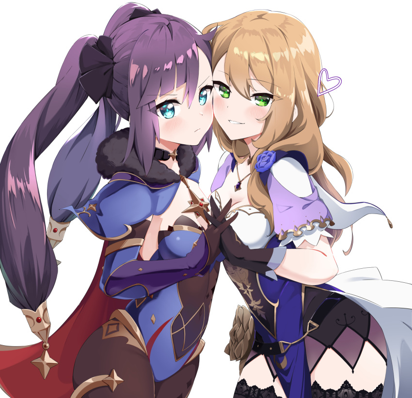 2girls :d bangs belt blue_eyes blunt_bangs blush breasts capelet choker cleavage detached_sleeves flower fur_trim genshin_impact gloves green_eyes hair_between_eyes hair_flower hair_ornament hair_over_shoulder half_gloves highres holding_hands jewelry lace-trimmed_legwear lace_trim leotard light_brown_hair lisa_(genshin_impact) long_hair looking_at_viewer medium_breasts micro_shorts mofumancy mona_(genshin_impact) multiple_girls necklace open_mouth pantyhose purple_flower purple_hair purple_leotard scrunchie short_sleeves shorts side_slit simple_background small_breasts smile thighhighs twintails white_background