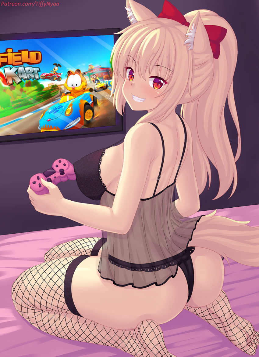 1girl animal_ear_fluff animal_ears ass babydoll black_panties blonde_hair breasts cat_ears cat_tail commentary controller english_commentary eyebrows_visible_through_hair fishnet_legwear fishnets from_behind game_controller garfield garfield_(character) garfield_kart highres jon_arbuckle kneeling large_breasts long_hair looking_at_viewer looking_back nottytiffy odie original panties patreon_username red_eyes slit_pupils smile solo tail thighhighs tiffy_(nottytiffy) underwear watermark web_address
