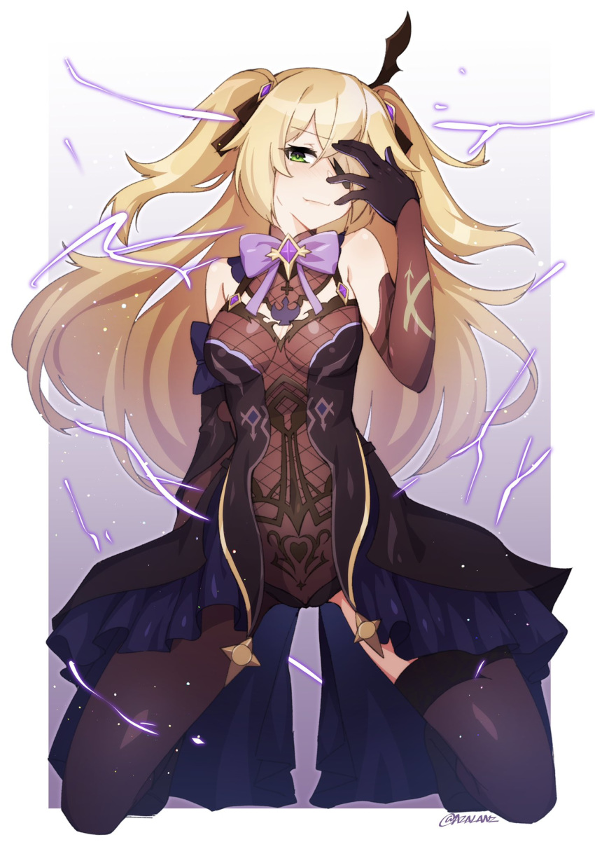 1girl bare_shoulders blonde_hair bodysuit border breasts elbow_gloves eyepatch fischl_(genshin_impact) genshin_impact gloves green_eyes groin_tendon hair_over_one_eye hand_over_eye highres kneeling long_hair looking_at_viewer medium_breasts outside_border purple_background single_thighhigh smile solo thighhighs thighs tilt-shift twitter_username white_border