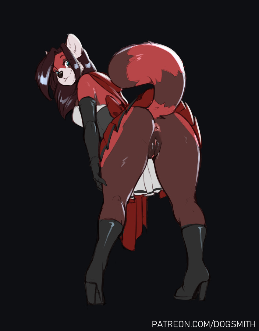 2020 ailurid anthro anus armwear bent_over black_nose blue_eyes bottomless bottomwear brown_body brown_fur brown_hair brown_pussy clothed clothing digital_media_(artwork) faizenek footwear fur genitals hair hi_res high_heels looking_at_viewer looking_back mammal pink_anus presenting pussy red_body red_fur red_panda ribbons rue_thomas_(faizenek) shoes simple_background skirt solo standing text upskirt url watermark white_body white_fur