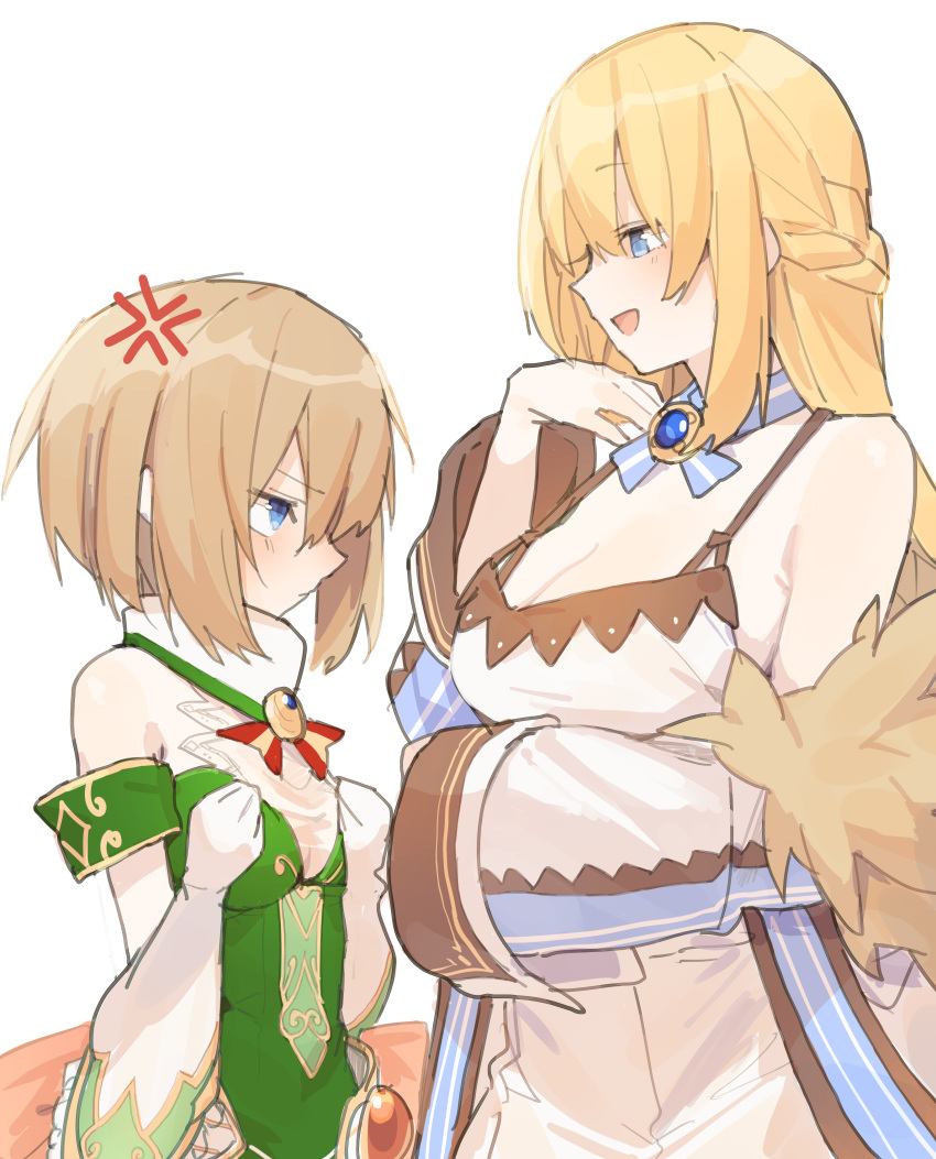 2girls absurdres angry bare_shoulders blanc blonde_hair blue_eyes blush breast_envy breasts brown_hair buran_buta cleavage cosplay costume_switch flat_chest fur_trim gloves highres large_breasts long_hair multiple_girls neptune_(series) open_mouth short_hair smile smug vert white_gloves