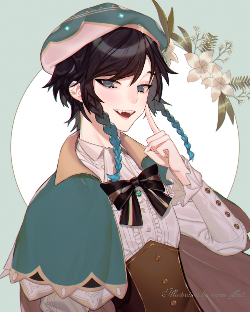 1boy artist_name ascot bangs black_bow black_hair blue_eyes blue_hair blush bow braid brown_corset cape collared_capelet corset english_commentary eyelashes fangs finger_to_cheek flower frilled_shirt frills genshin_impact gradient_hair green_cape green_headwear hair_flower hair_ornament hand_up highres lily_(flower) long_sleeves looking_at_viewer medium_hair multicolored_hair nana_illust open_mouth shiny shiny_hair shirt sidelocks solo upper_body venti_(genshin_impact) white_shirt