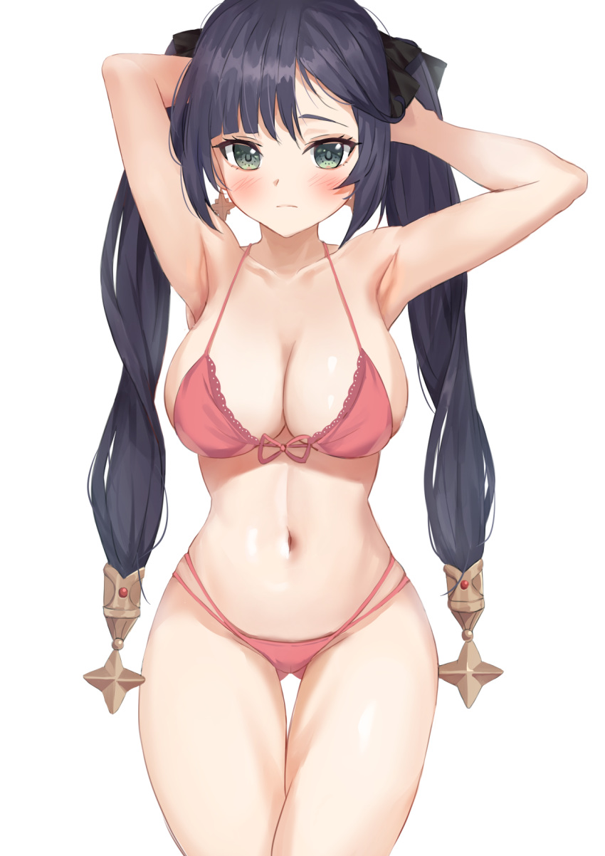 1girl amanoyui armpits arms_up bangs bare_shoulders bikini blush breasts brown_hair cleavage collarbone genshin_impact green_eyes hair_ornament highres long_hair looking_at_viewer medium_breasts mona_(genshin_impact) navel pink_bikini purple_hair simple_background solo stomach swimsuit thighs twintails