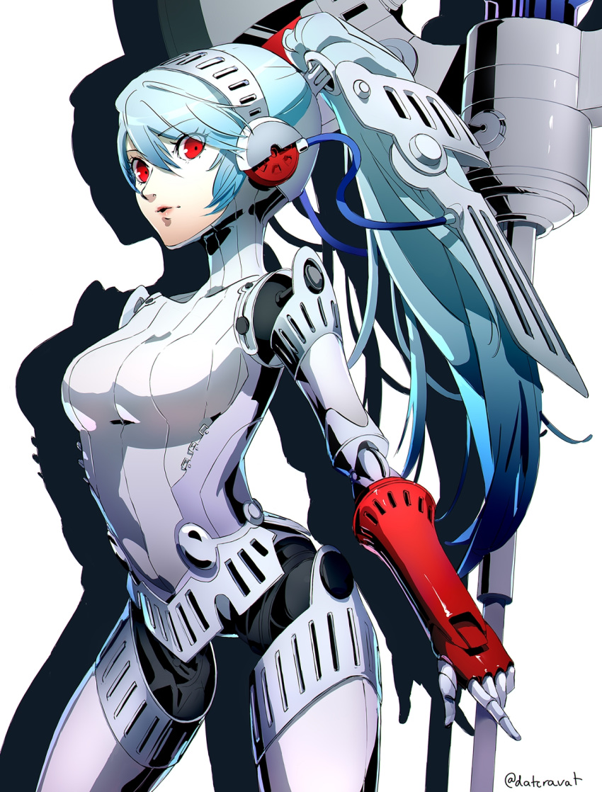 1girl android blue_hair breasts cowboy_shot datcravat eyebrows_visible_through_hair hair_between_eyes highres joints labrys_(persona) long_hair mechanical_arms mechanical_parts parted_lips persona persona_4:_the_ultimate_in_mayonaka_arena red_eyes robot robot_joints simple_background solo standing twitter_username very_long_hair white_background