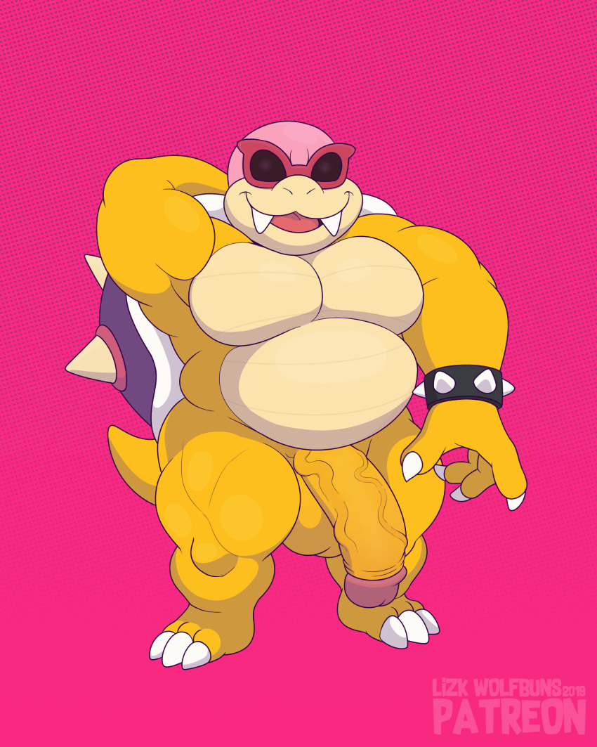 4:5 absurd_res balls biceps big_balls big_penis eyewear flaccid genitals hi_res koopa koopaling male mario_bros muscular muscular_male nintendo nude pecs penis pose roy_koopa scalie slightly_chubby smile smirk solo sunglasses vein veiny_penis video_games wolfbuns