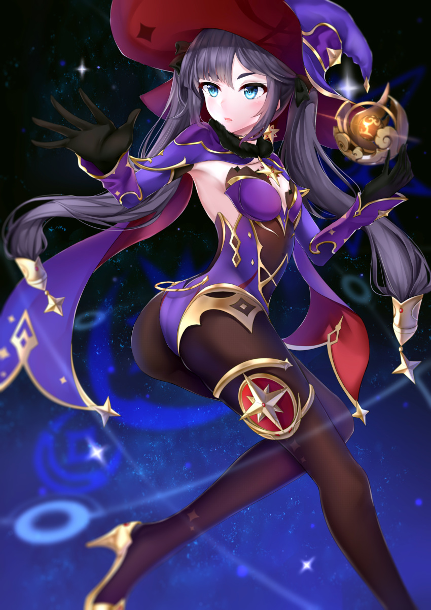 1girl absurdres aqua_eyes armpits ass black_legwear breasts cape constellation detached_sleeves earrings full_body fur_trim genshin_impact gloves hair_ornament hair_ribbon hat high_heels highres jewelry legs leotard long_hair long_sleeves mage mona_(genshin_impact) pantyhose parted_lips purple_hair ribbon sky solo sorayo_noriyuki star_(sky) star_(symbol) star_earrings star_hair_ornament starry_sky twintails witch_hat