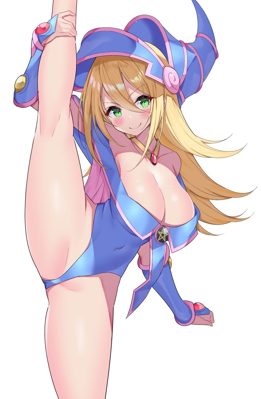 1girl absurdres blonde_hair dark_magician_girl highres ichi-jirushi leg_up long_hair looking_at_viewer simple_background solo split standing standing_on_one_leg standing_split white_background yu-gi-oh! yu-gi-oh!_duel_monsters