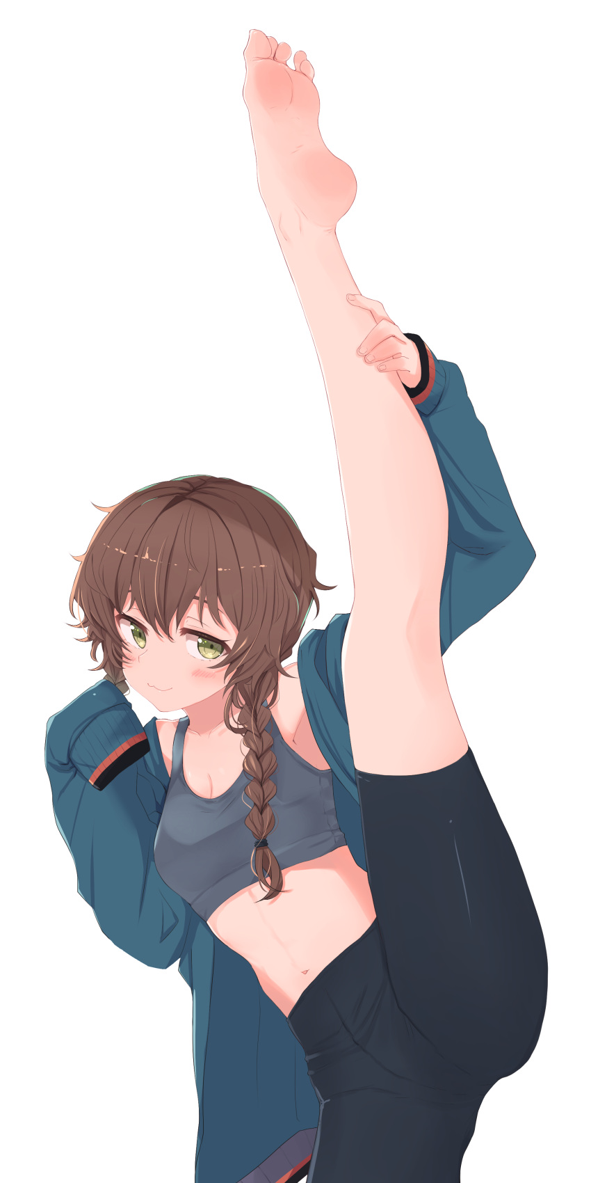 1girl :3 absurdres amane_suzuha bare_legs barefoot bike_shorts black_shorts blush braid brown_hair closed_mouth feet flexible green_eyes hair_between_eyes highres jacket kahlua_(artist) leg_lift leg_up long_hair looking_at_viewer messy_hair midriff navel shorts simple_background sleeves_past_wrists smile soles solo split sports_bra sportswear standing standing_on_one_leg standing_split steins;gate toes track_jacket twin_braids white_background