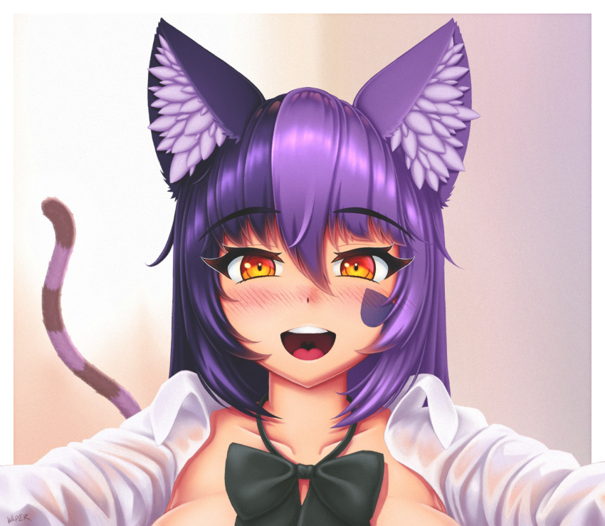 1girl :d animal_ear_fluff animal_ears artist_name bangs black_bow black_neckwear blush bow bowtie cat_ears cat_girl cat_tail cheshire_cat_(monster_girl_encyclopedia) collarbone commentary eyebrows_visible_through_hair eyes_visible_through_hair facial_mark hair_between_eyes happy highres long_hair long_sleeves looking_at_viewer monster_girl_encyclopedia multicolored_hair nose_blush open_clothes open_mouth open_shirt orange_eyes portrait purple_hair shirt simple_background smile solo striped_tail symbol_commentary tail two-tone_hair upper_teeth white_shirt wing_collar wlper